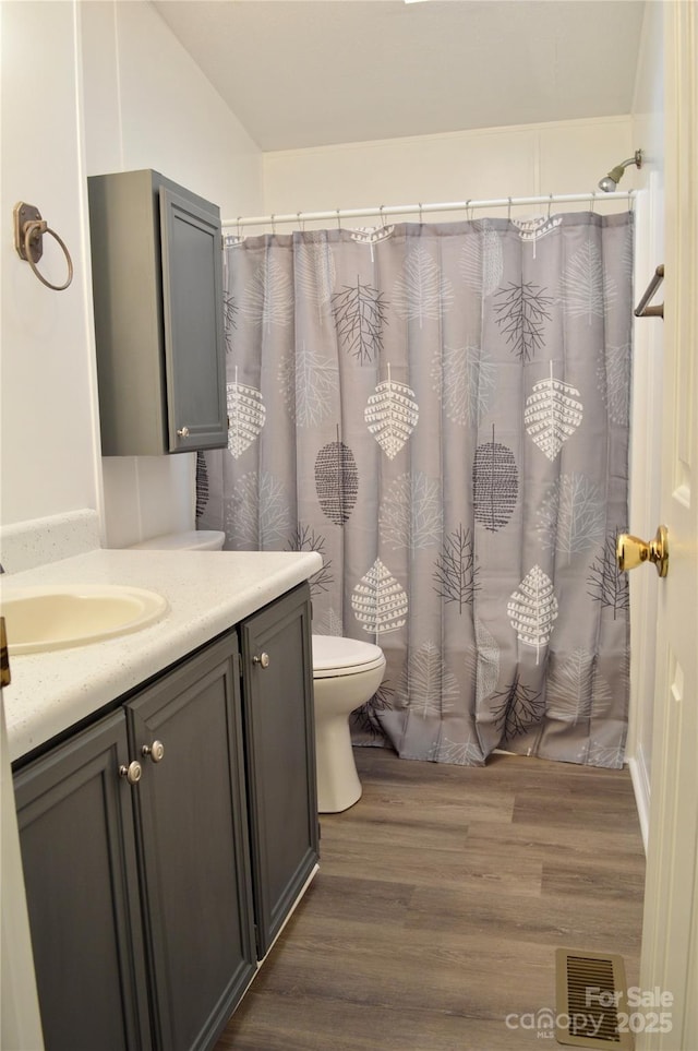 bathroom featuring a shower with shower curtain, vanity, toilet, and hardwood / wood-style floors