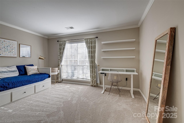 sitting room featuring carpet floors and ornamental molding