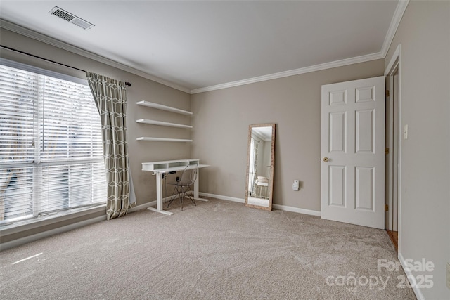 interior space featuring ornamental molding and light carpet