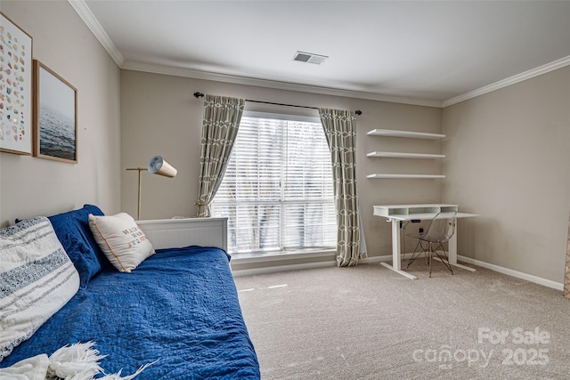 carpeted bedroom featuring ornamental molding