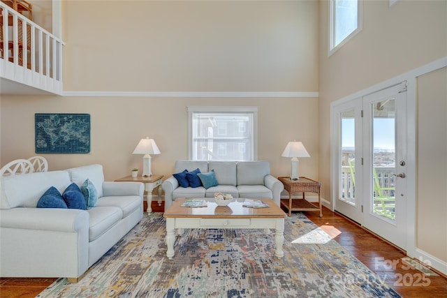 living room with hardwood / wood-style flooring and a high ceiling