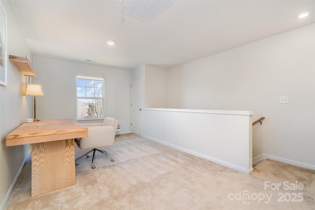 office area with recessed lighting, carpet, visible vents, and baseboards