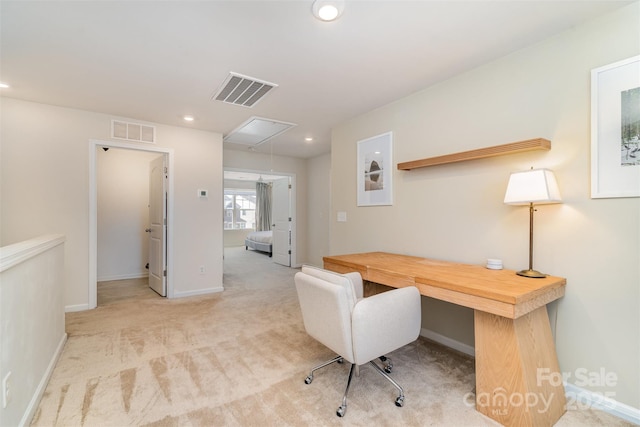 carpeted office featuring attic access, recessed lighting, visible vents, and baseboards