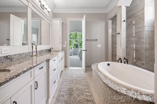bathroom featuring vanity, crown molding, tile patterned floors, and separate shower and tub