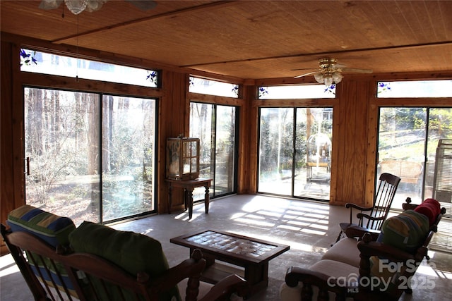 sunroom / solarium with ceiling fan and wood ceiling