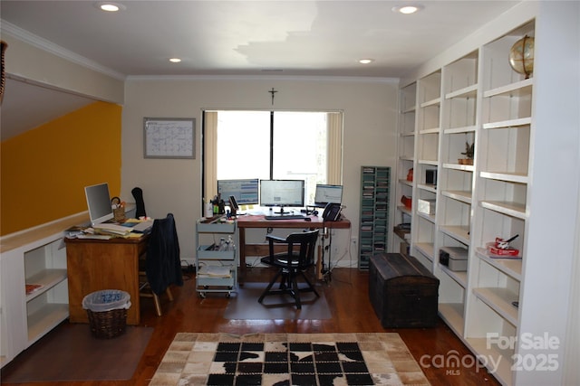 office with dark wood finished floors, crown molding, and recessed lighting