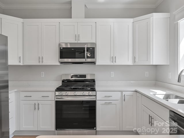 kitchen featuring light countertops, crown molding, white cabinets, stainless steel appliances, and a sink