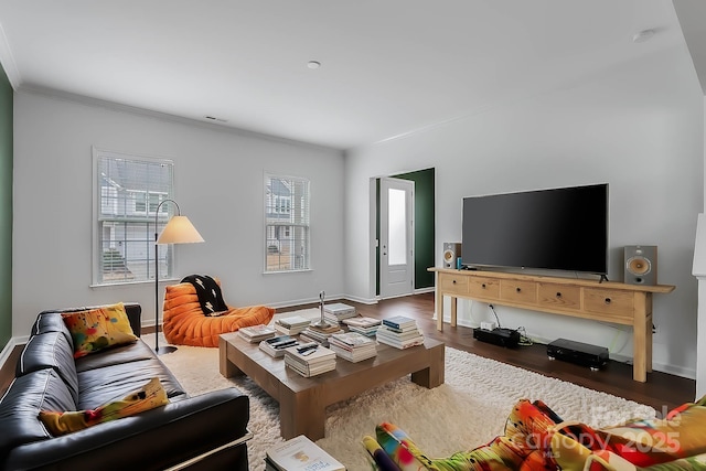 living room featuring dark wood-type flooring and ornamental molding