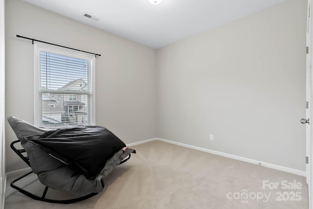 bedroom with light colored carpet