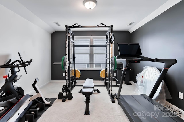 workout area with light carpet and vaulted ceiling