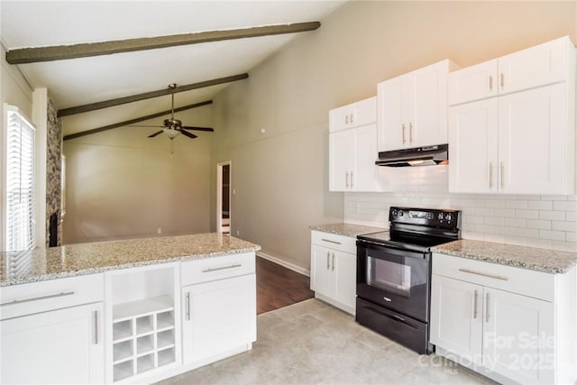 kitchen with lofted ceiling with beams, tasteful backsplash, white cabinets, light stone counters, and black electric range