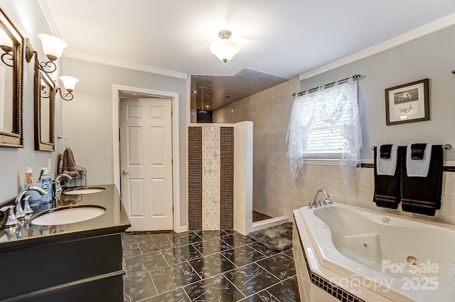 bathroom featuring ornamental molding, separate shower and tub, and vanity