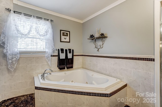 bathroom with tile walls, crown molding, and tiled bath