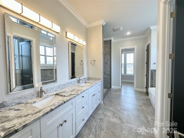 bathroom featuring crown molding, vanity, and plus walk in shower