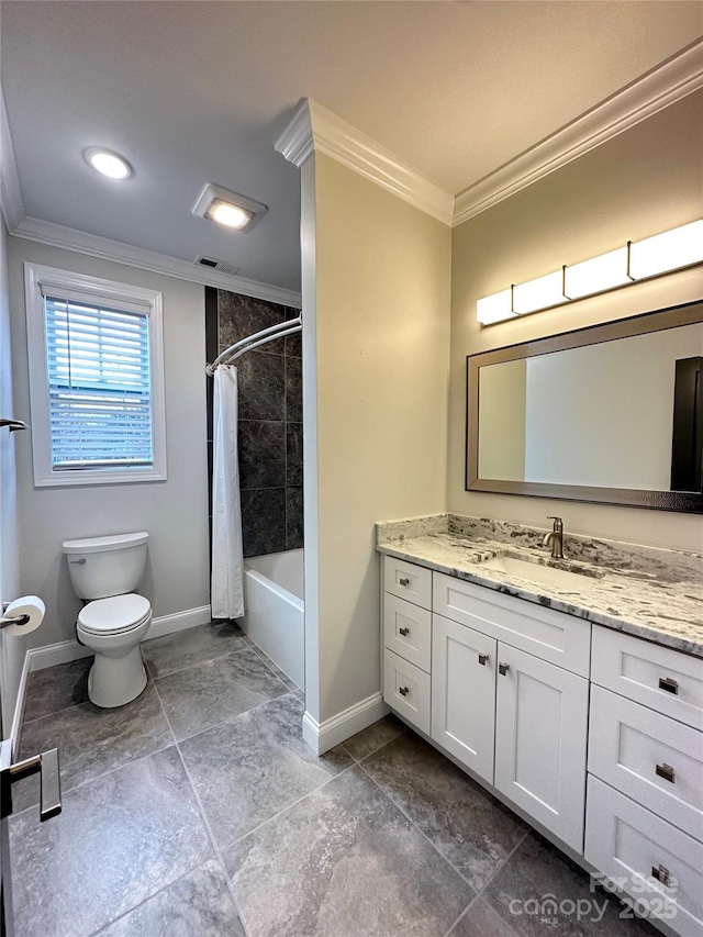 full bathroom featuring ornamental molding, shower / tub combo, vanity, and toilet