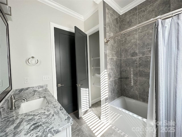 bathroom with tile patterned floors, ornamental molding, vanity, and shower / bath combo