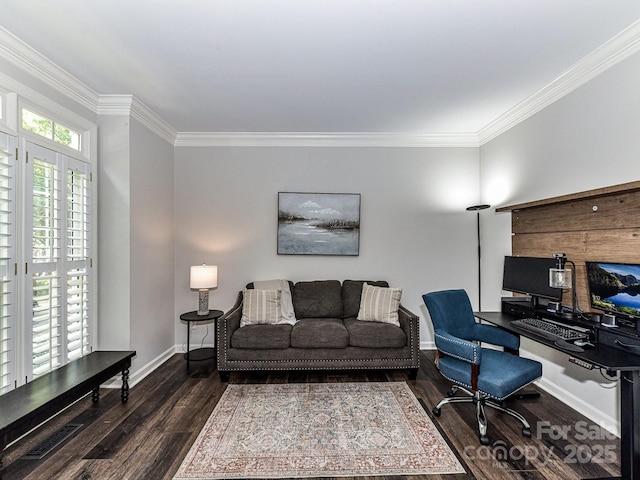 office with crown molding and dark hardwood / wood-style flooring