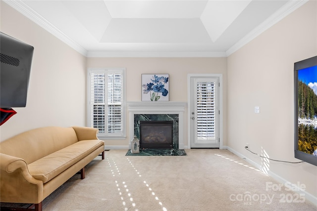 interior space featuring a raised ceiling, light colored carpet, a premium fireplace, ornamental molding, and baseboards