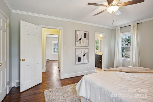 bedroom featuring ceiling fan, ornamental molding, dark wood-style flooring, and baseboards