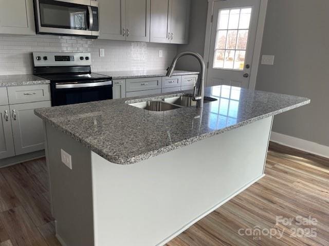 kitchen featuring appliances with stainless steel finishes, wood-type flooring, sink, and a center island with sink