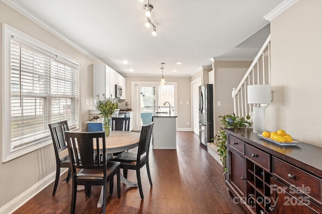 dining room with crown molding, dark wood finished floors, and a wealth of natural light