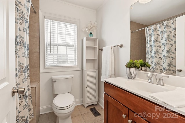 bathroom featuring visible vents, toilet, a shower with curtain, tile patterned floors, and vanity