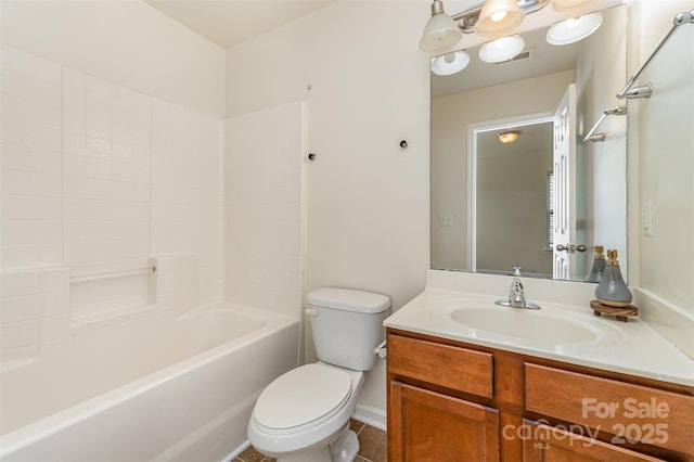 full bathroom featuring toilet, shower / washtub combination, visible vents, and vanity