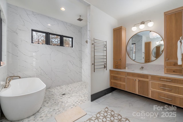 180 Willow Point Rd, Troutman, NC 28166 - bathroom featuring marble tiled flooring, a marble finish shower, a freestanding bath, vanity, and recessed lighting