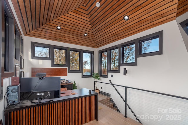180 Willow Point Rd, Troutman, NC 28166 - office featuring wood ceiling, plenty of natural light, light wood-style flooring, and recessed lighting