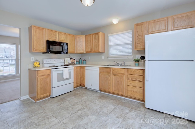 kitchen with white appliances, a healthy amount of sunlight, sink, and light brown cabinets