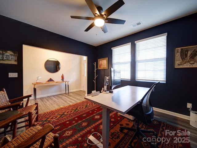 office area featuring ceiling fan and hardwood / wood-style floors