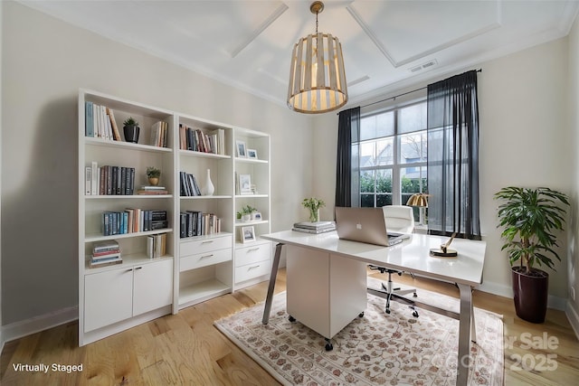 office with ornamental molding, a chandelier, and light wood-type flooring