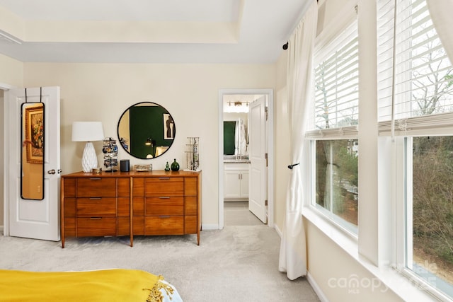 bedroom featuring a raised ceiling, connected bathroom, and light carpet