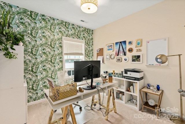 view of carpeted home office