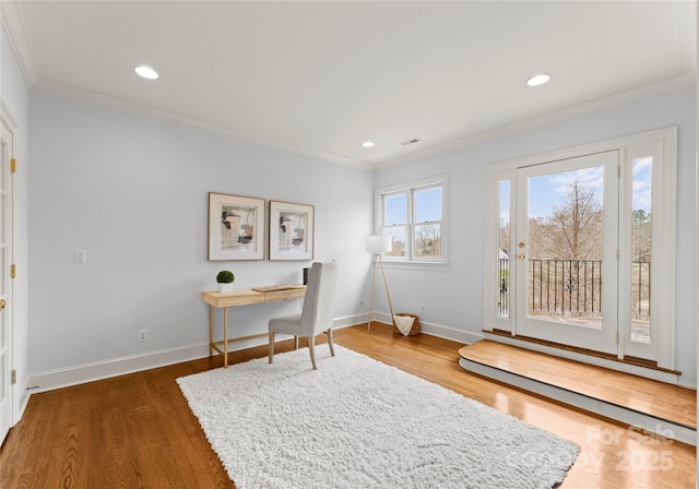 office area with recessed lighting, wood finished floors, baseboards, and ornamental molding