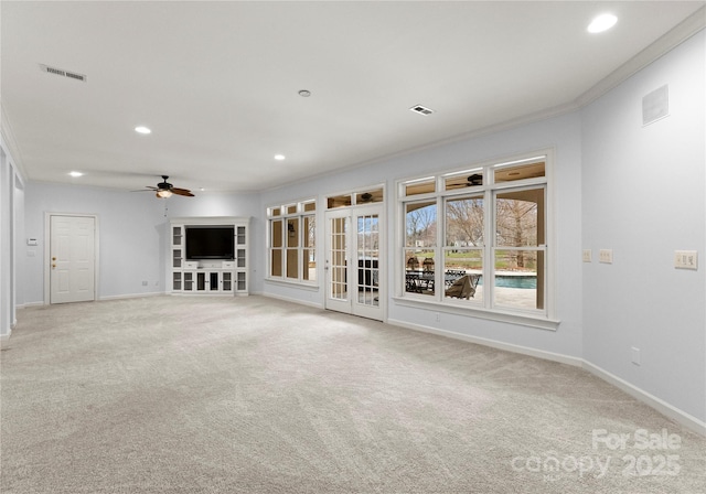 unfurnished living room featuring baseboards, visible vents, recessed lighting, ceiling fan, and light colored carpet