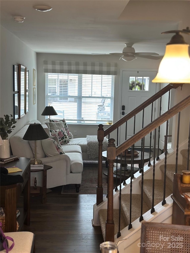 living room featuring ceiling fan and dark hardwood / wood-style flooring