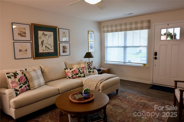 14 Malcolm Ct, Candler, NC 28715 - living room featuring plenty of natural light, baseboards, visible vents, and dark wood-type flooring