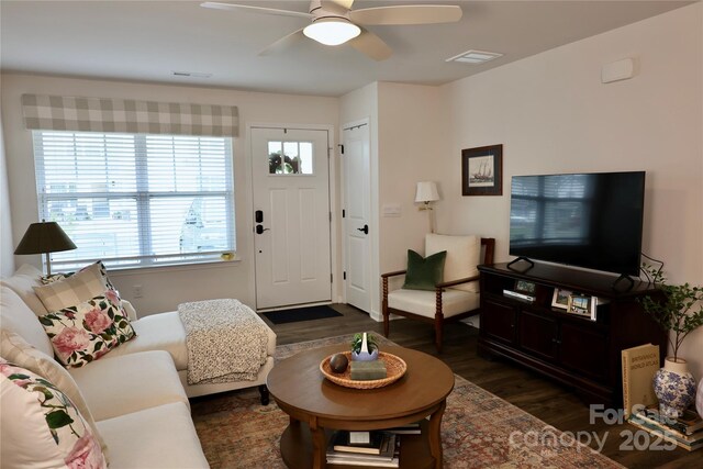14 Malcolm Ct, Candler, NC 28715 - living room featuring ceiling fan, wood finished floors, and visible vents