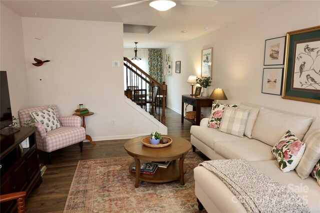 14 Malcolm Ct, Candler, NC 28715 - living room featuring stairway, ceiling fan, baseboards, and wood finished floors