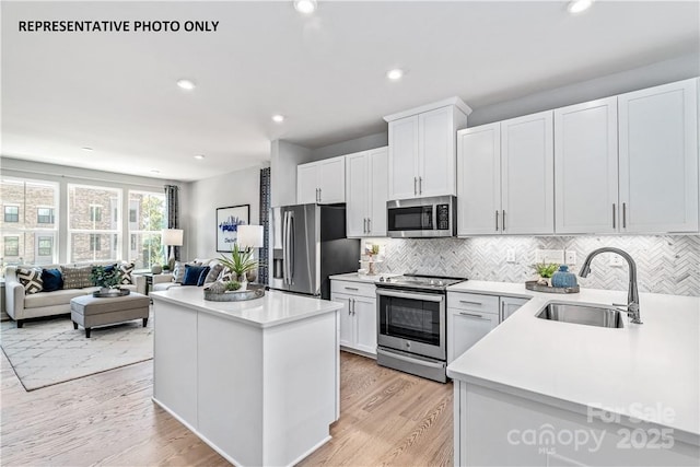 kitchen with sink, appliances with stainless steel finishes, white cabinetry, a center island, and tasteful backsplash