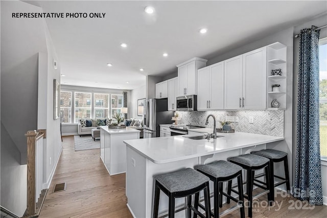 kitchen with sink, a breakfast bar area, stainless steel appliances, white cabinets, and kitchen peninsula