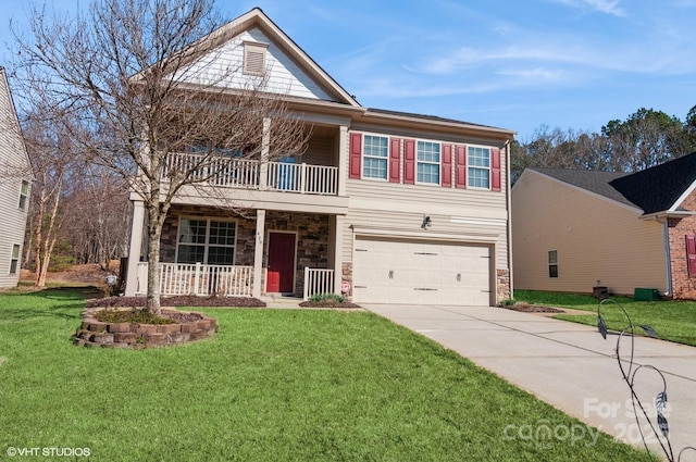 view of front of property with driveway, a garage, stone siding, covered porch, and a front lawn