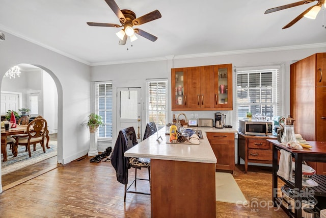 kitchen featuring crown molding, light hardwood / wood-style flooring, a kitchen breakfast bar, and ceiling fan