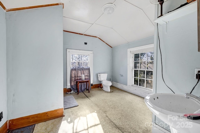 bathroom with sink, toilet, and vaulted ceiling