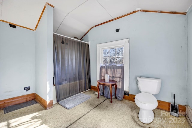 bathroom with lofted ceiling, a shower with curtain, and toilet