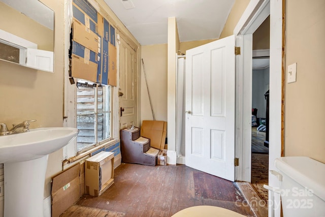 bathroom with wood-type flooring, toilet, and sink