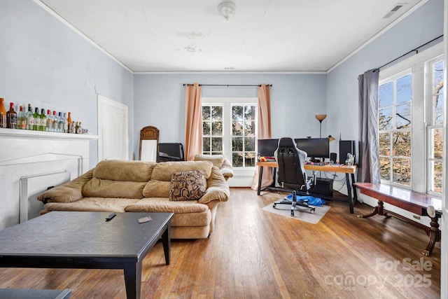 living room featuring hardwood / wood-style flooring and ornamental molding