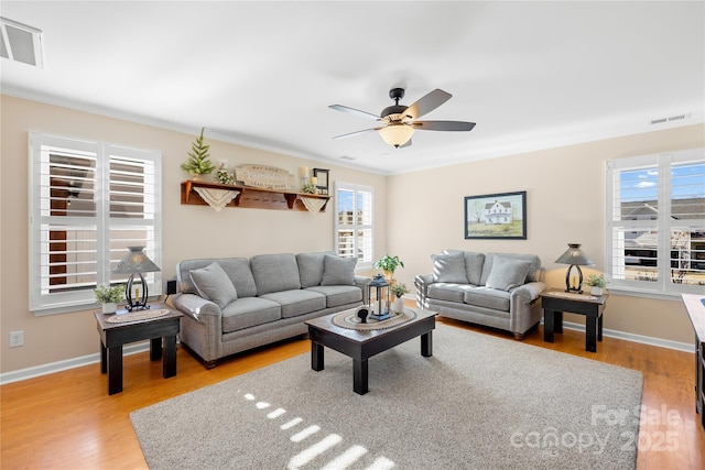 living room with light hardwood / wood-style floors and ceiling fan