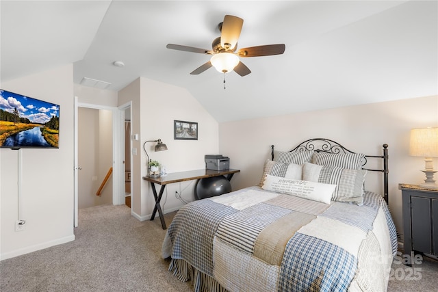 bedroom featuring ceiling fan, light colored carpet, and lofted ceiling